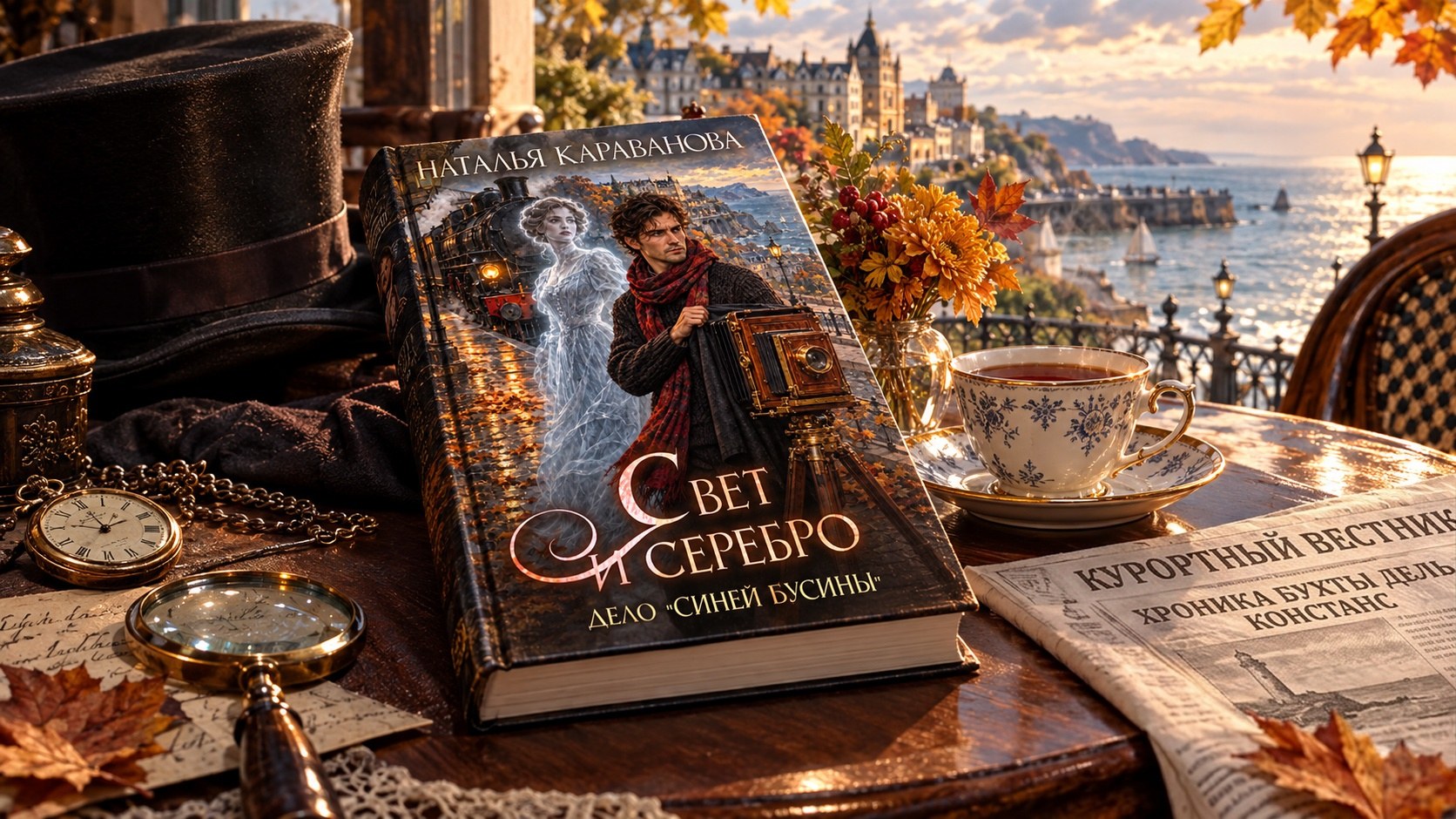 Книга Натальи Каравановой «Свет и серебро. Дело Синей бусины» на столике с чашкой чая, лупой и газетой «Курортный вестник» на фоне бухты дель Констанс